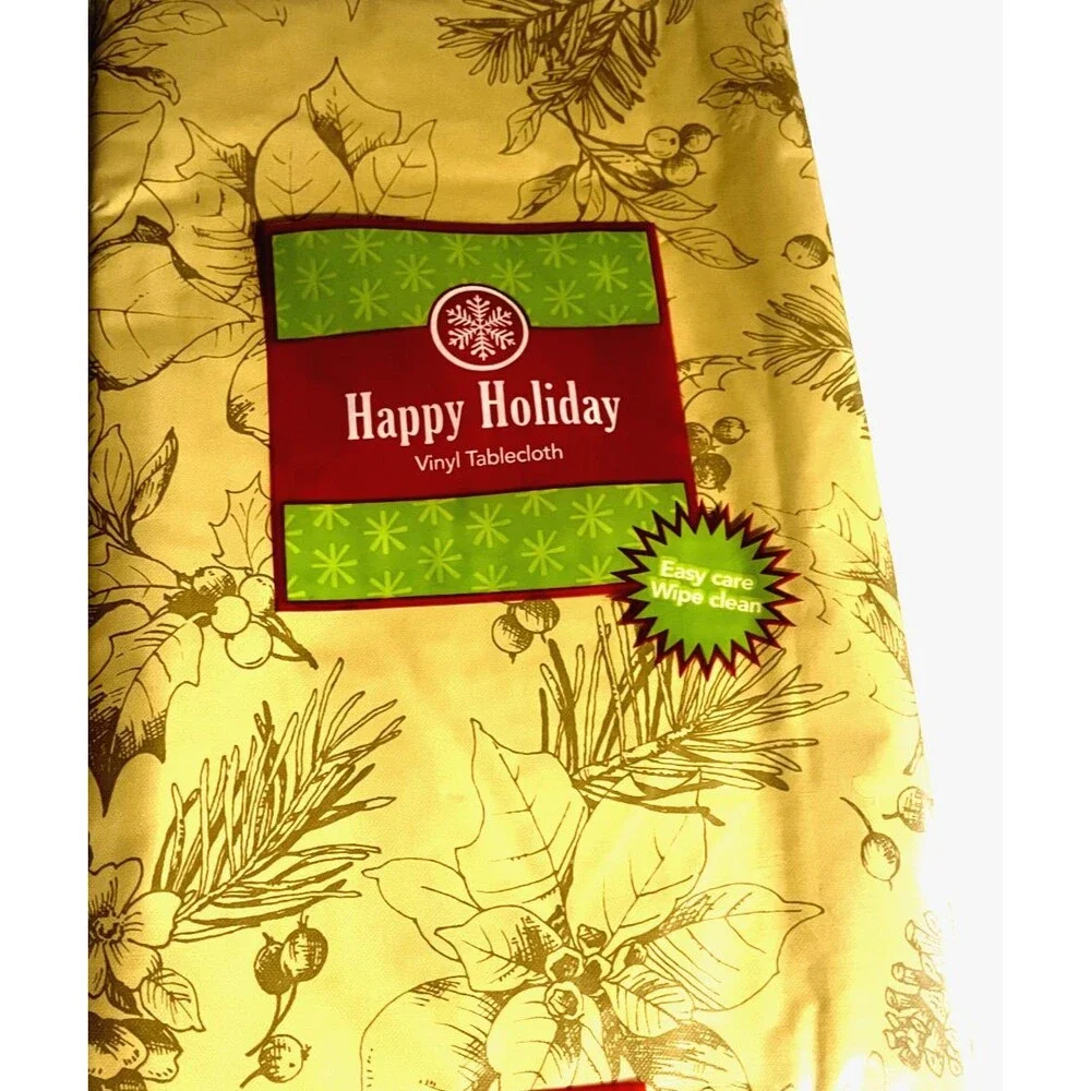 Christmas Poinsettia Pinecone Vinyl Tablecloth Flannel Backed Holiday 52x70
